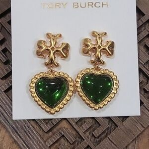 Tory Burch Gold and Emerald Heart Earrings